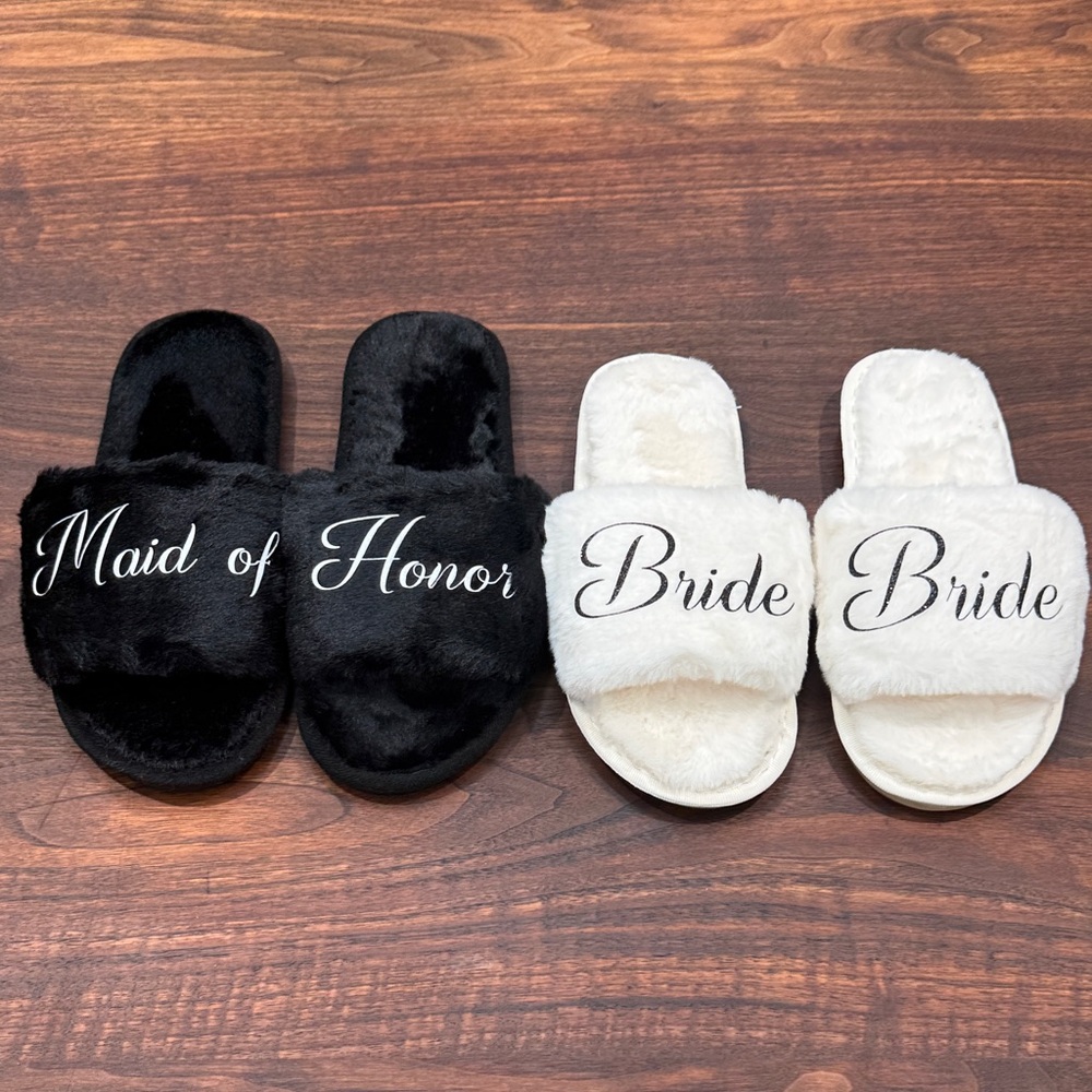 Maid of Honor & Bride Fuzzy Slippers Set - Black & Cream